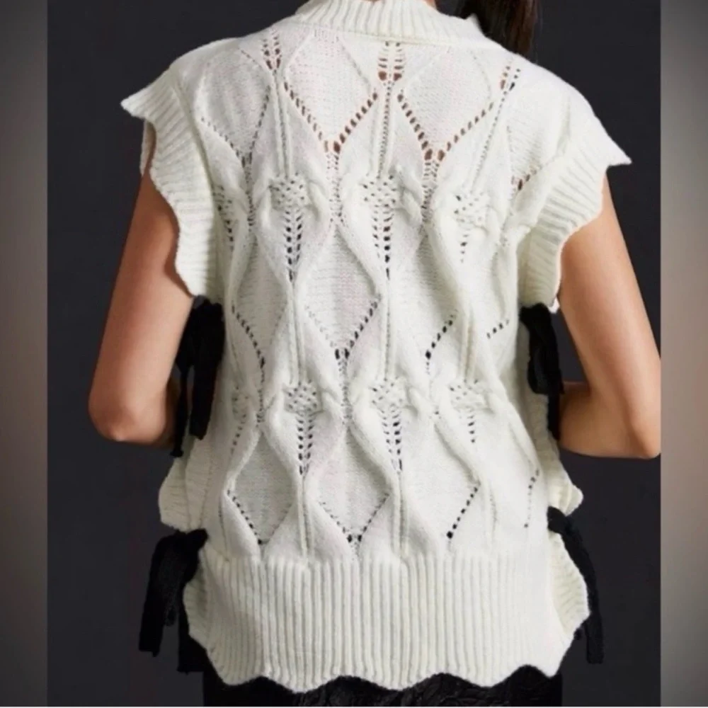 MAEVE ANTHROPOLOGIE Bow Ribbon Tie Sweater Vest in Ivory One Size NWT - Picture 4 of 9